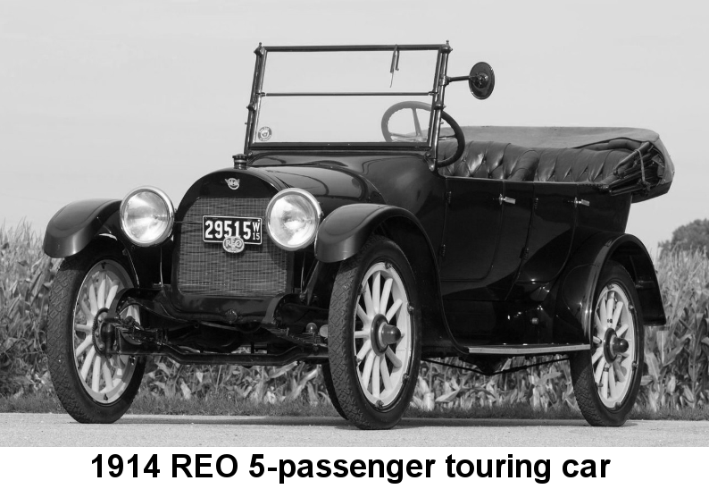 Black and white photo of a black 5-passenger convertible automobile, top down, with four doors, horizontally-divided windshield, running boards, and black tires on white wide-spoked wheels